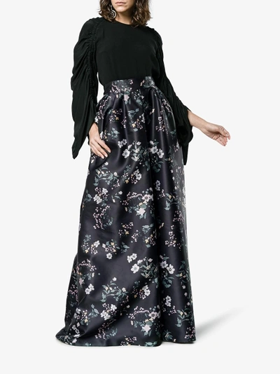 Shop Rochas Floral Satin Maxi Skirt In Black