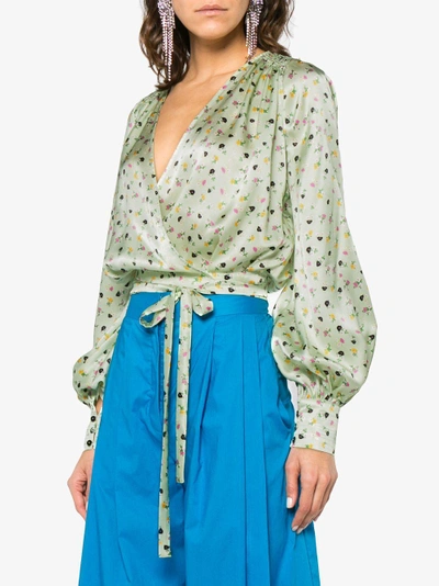 Shop Attico Floral Print Wrap Silk Blouse In Green