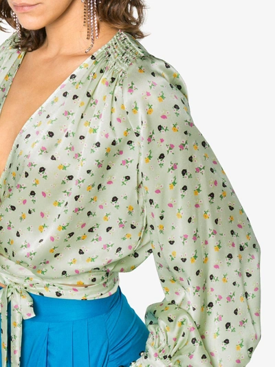Shop Attico Floral Print Wrap Silk Blouse In Green