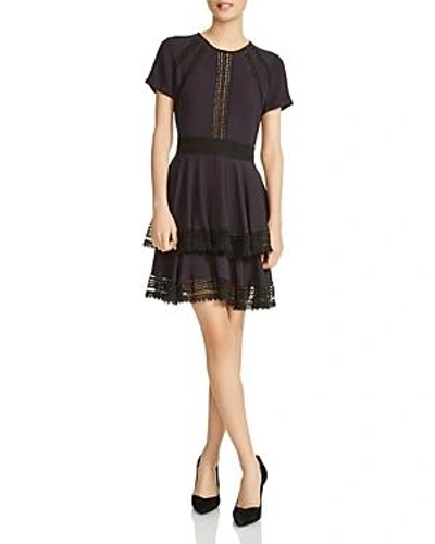 Shop Maje Raglia Tiered Lace-inset Dress In Navy