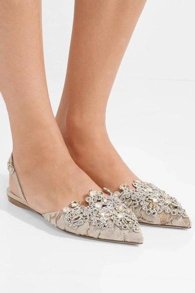 Shop René Caovilla Crystal-embellished Lace And Ayers Point-toe Flats In Beige