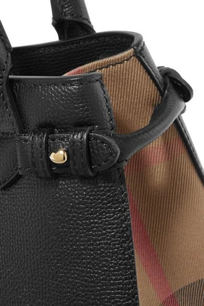 Shop Burberry Textured-leather And Checked Canvas Tote In Black