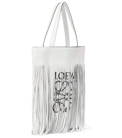 Shop Loewe Vertical Fringe Leather Tote In Soft White