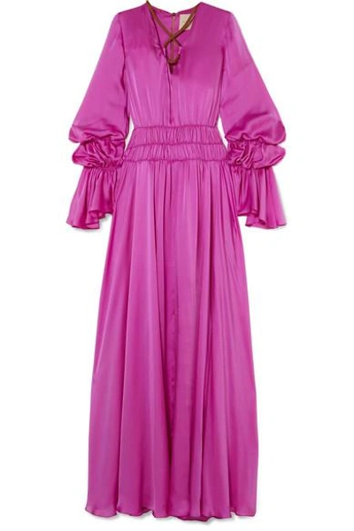Shop Roksanda Ansari Ruched Silk-satin Maxi Dress In Magenta