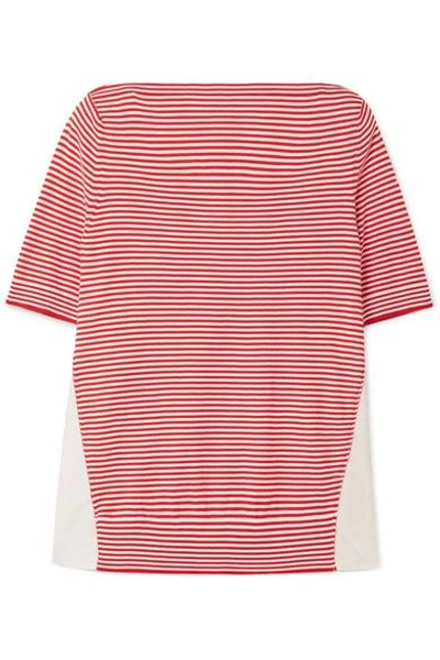 Shop Moncler Twist Striped Cotton And Satin-shell Top In Red