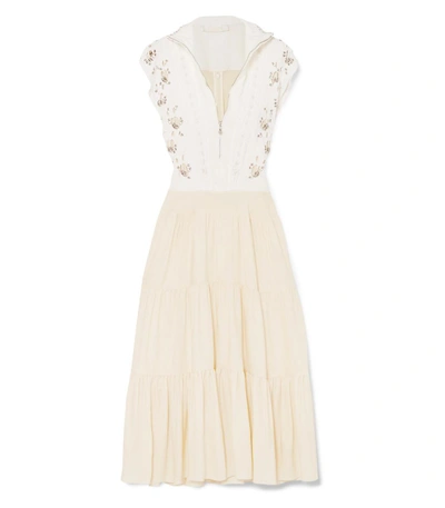 Shop Chloé Embellished Broderie Anglaise Linen And Cady Midi Dress In Ivory