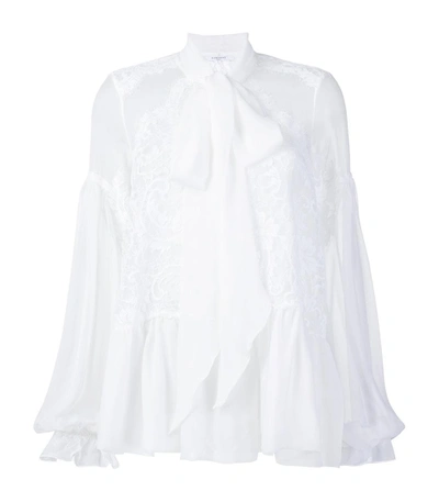 Shop Givenchy Pussy-bow Lace-embroidered Silk Blouse In White