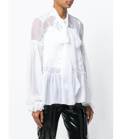 Shop Givenchy Pussy-bow Lace-embroidered Silk Blouse In White