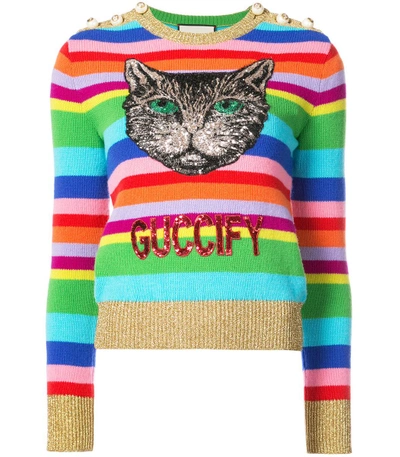 Shop Gucci Embroidered Stripe Knit Sweater In Multi