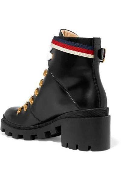 Shop Gucci Grosgrain-trimmed Leather Ankle Boots In Black