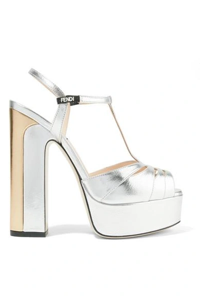 Shop Fendi Two-tone Metallic Leather Platform Sandals In Silver