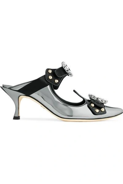 Shop Dolce & Gabbana Cutout Embellished Mirrored-leather Mules In Gunmetal