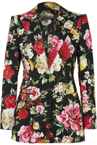 Shop Dolce & Gabbana Floral-print Stretch-cotton Blazer In Black