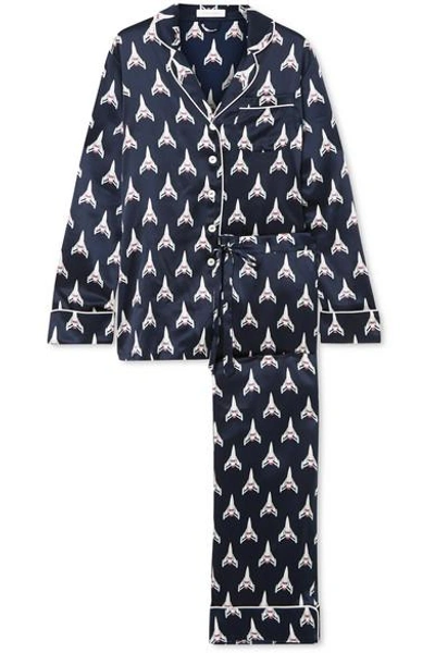 Shop Olivia Von Halle Lila Printed Silk-satin Pajama Set In Navy