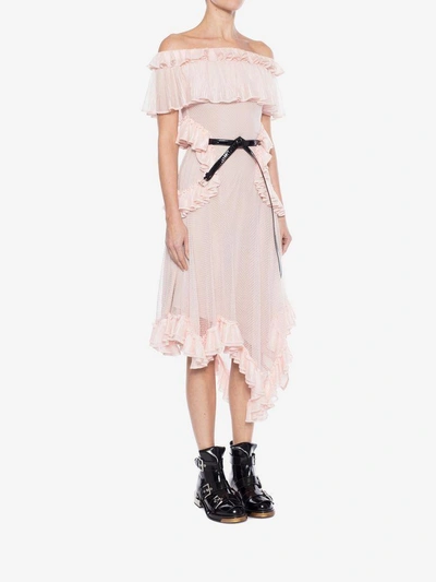 Shop Alexander Mcqueen Off The Shoulder Lace Knit Ruffle Mini Dress In Rose/pink