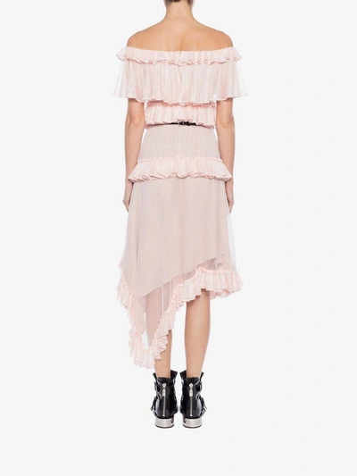 Shop Alexander Mcqueen Off The Shoulder Lace Knit Ruffle Mini Dress In Rose/pink