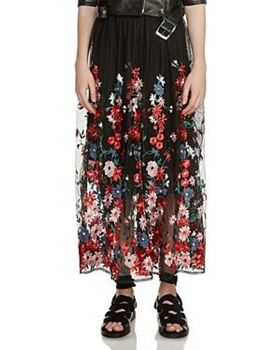 Shop Maje Jamie Floral-embroidered Mesh Skirt In Black