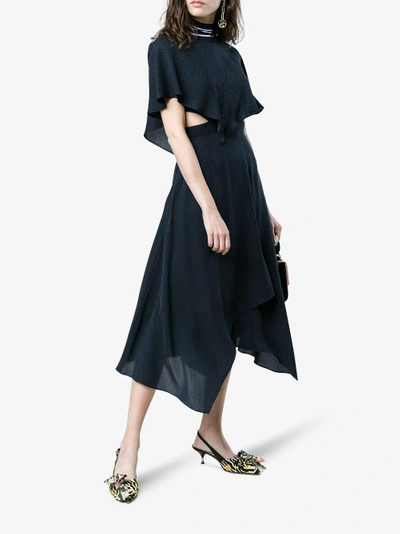 Shop Fendi Sleeveless Crosshatch Silk Cape Dress In Blue