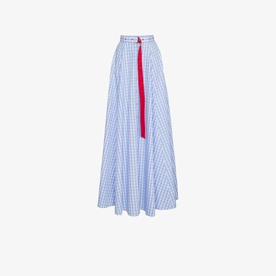 Shop Adam Selman High Waist Gingham Cotton Maxi Skirt In Blue