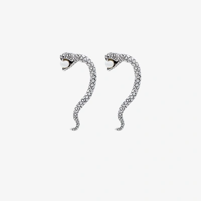 Shop Saint Laurent Metallic Silver Marrakech Perle Serpent Earrings