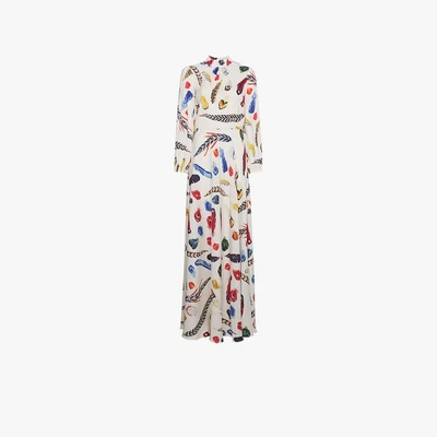 Shop Navro White Silk Maxi Dress With Feather Print In Multicolour