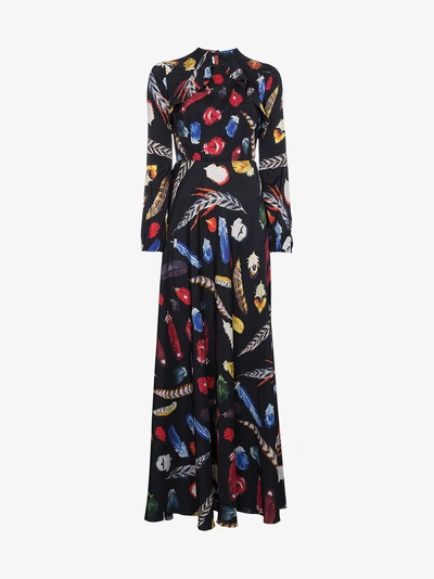 Shop Navro Silk Maxi Dress With Feather Print In Black