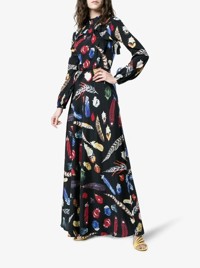 Shop Navro Silk Maxi Dress With Feather Print In Black