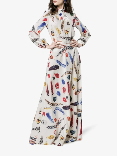 Shop Navro White Silk Maxi Dress With Feather Print In Multicolour