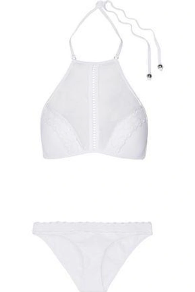 Shop Zimmermann Woman Zephyr Point D'esprit-paneled Crochet-trimmed Halterneck Bikini White