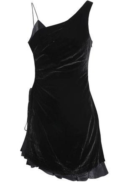 Shop Cinq À Sept Asymmetric Satin-trimmed Ruched Velvet Mini Dress In Black