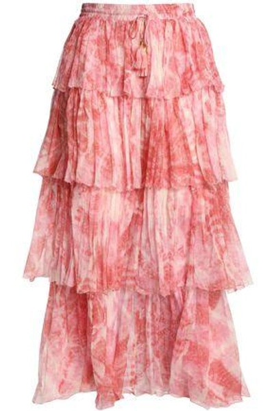 Shop Zimmermann Woman Tiered Printed Crinkled Silk-chiffon Midi Skirt Pink