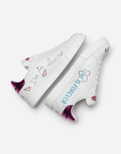 Shop Dolce & Gabbana Calfskin Sneakers With Embroidered Patch In White