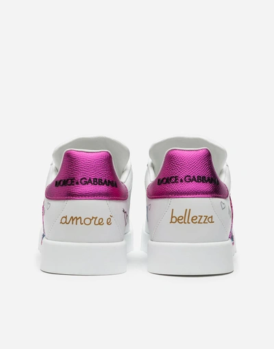 Shop Dolce & Gabbana Calfskin Sneakers With Embroidered Patch In White
