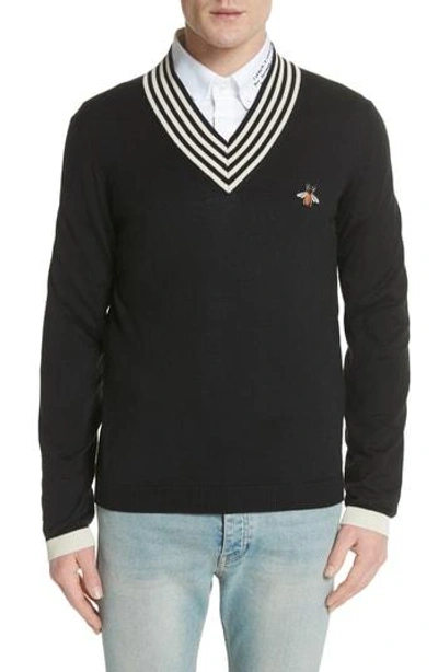 Shop Gucci Bee Applique Wool Pullover Sweater In 1831 Black