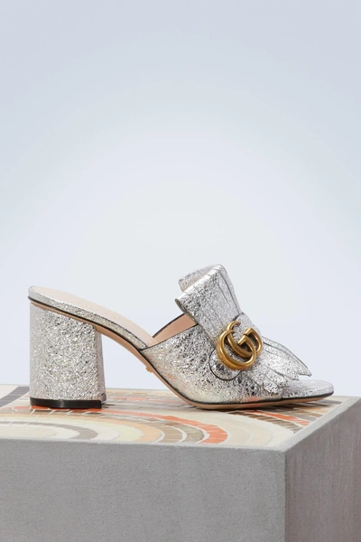 Shop Gucci Marmont Leather Mules In Silver