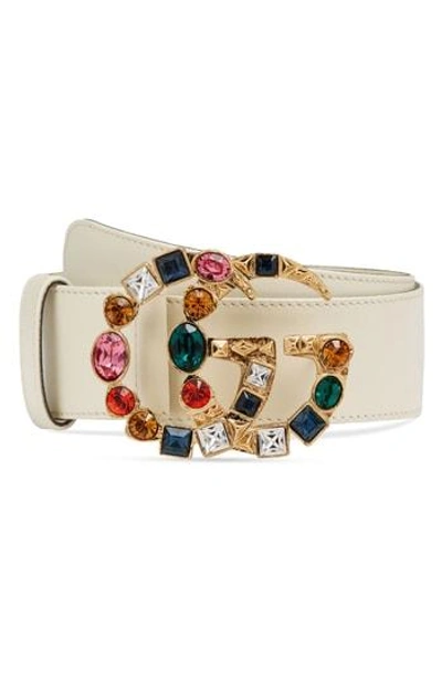 Shop Gucci Gg Marmont Crystal Buckle Leather Belt In Vintage White/ Multi