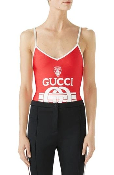 Shop Gucci Logo One-piece Swimsuit In Magenta Rouge/ Ivory