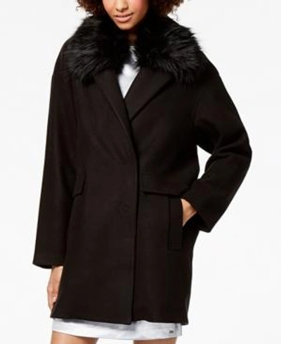 Shop Armani Exchange Faux-fur-collar Coat In Black