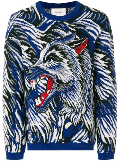 Gucci Wolf Intarsia Wool Sweater In Blue Multi | ModeSens