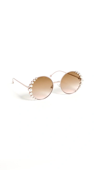 Shop Fendi Round Pearl Frame Sunglasses In Pink/brown Gradient