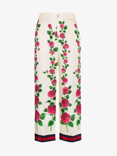 Shop Gucci Rose Garden Print Silk Pajama Pants In Pink/purple