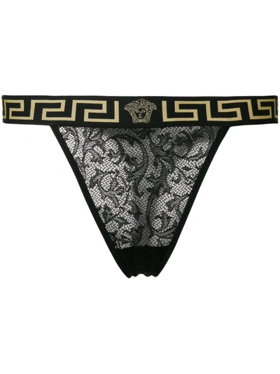 Shop Versace Lace Intarsia Thong - Black