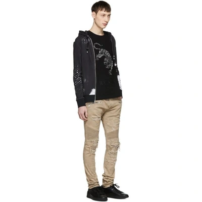 Shop Balmain Black Capuche Print Zip Hoodie In 181 Blk/wht