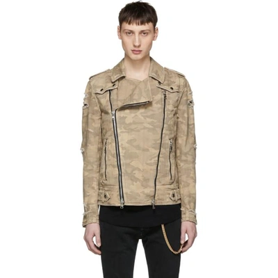 Shop Balmain Beige Camo Denim Bleach Destroy Biker Jacket In 107 Beige