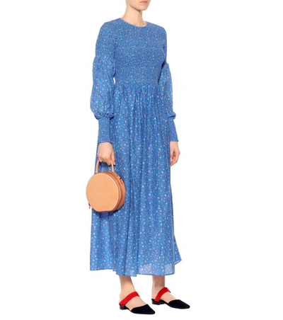 Ganni Beacon Smocked Cotton And Silk-blend Maxi Dress In Blue | ModeSens