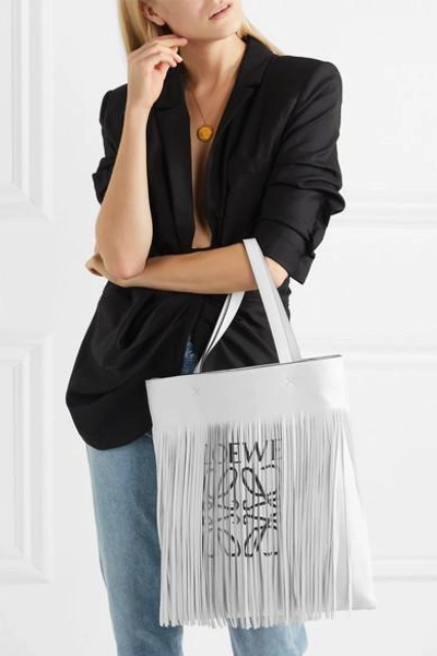 Shop Loewe Fringed Printed Leather Tote In White