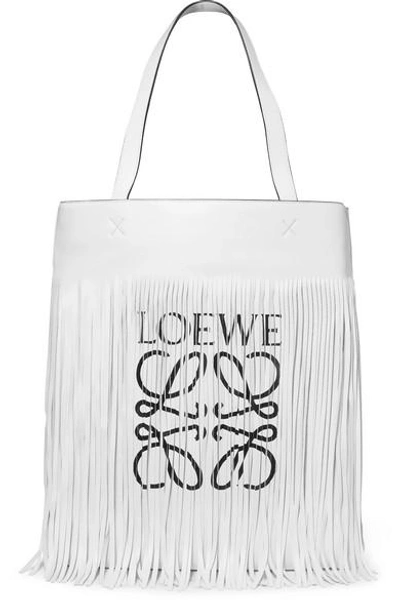 Shop Loewe Fringed Printed Leather Tote In White