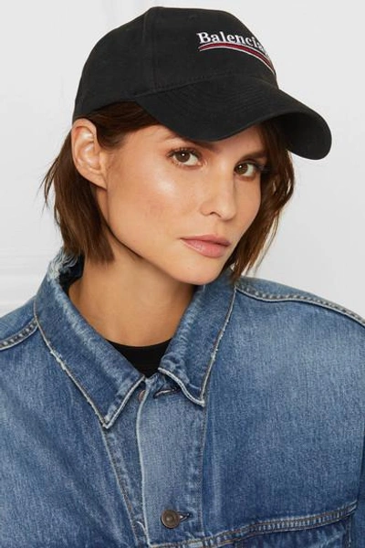 Shop Balenciaga Embroidered Cotton-twill Baseball Cap In Black