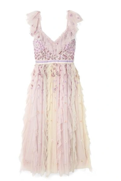 Shop Needle & Thread Rainbow Embellished Ruffled Tulle Midi Dress In Lavender