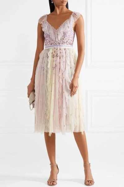 Shop Needle & Thread Rainbow Embellished Ruffled Tulle Midi Dress In Lavender